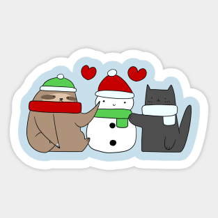 Sloth Cat and Snowman Love Sticker